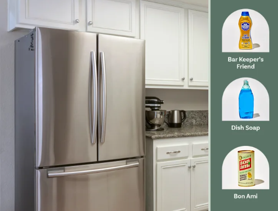 a stainless steel refrigerator with some cleansers